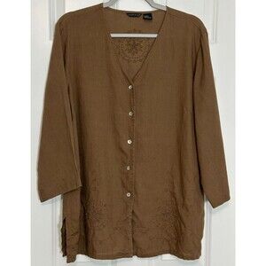 E-col-o-gie 100% Linen Embroidered Tunic Top Women's XL Brown Lagenlook Boho